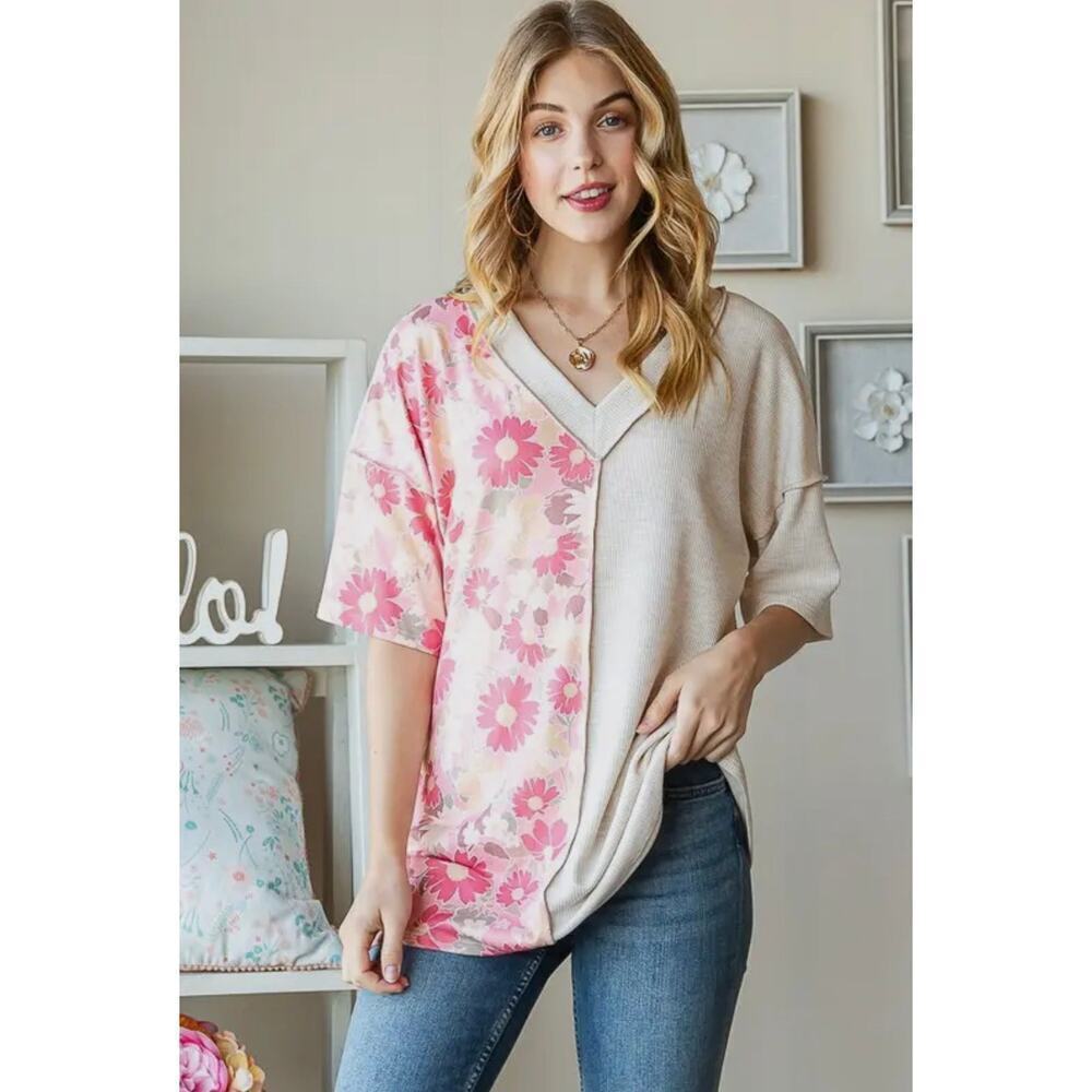 Solid and Floral Top-Peach - Picture 8 of 11